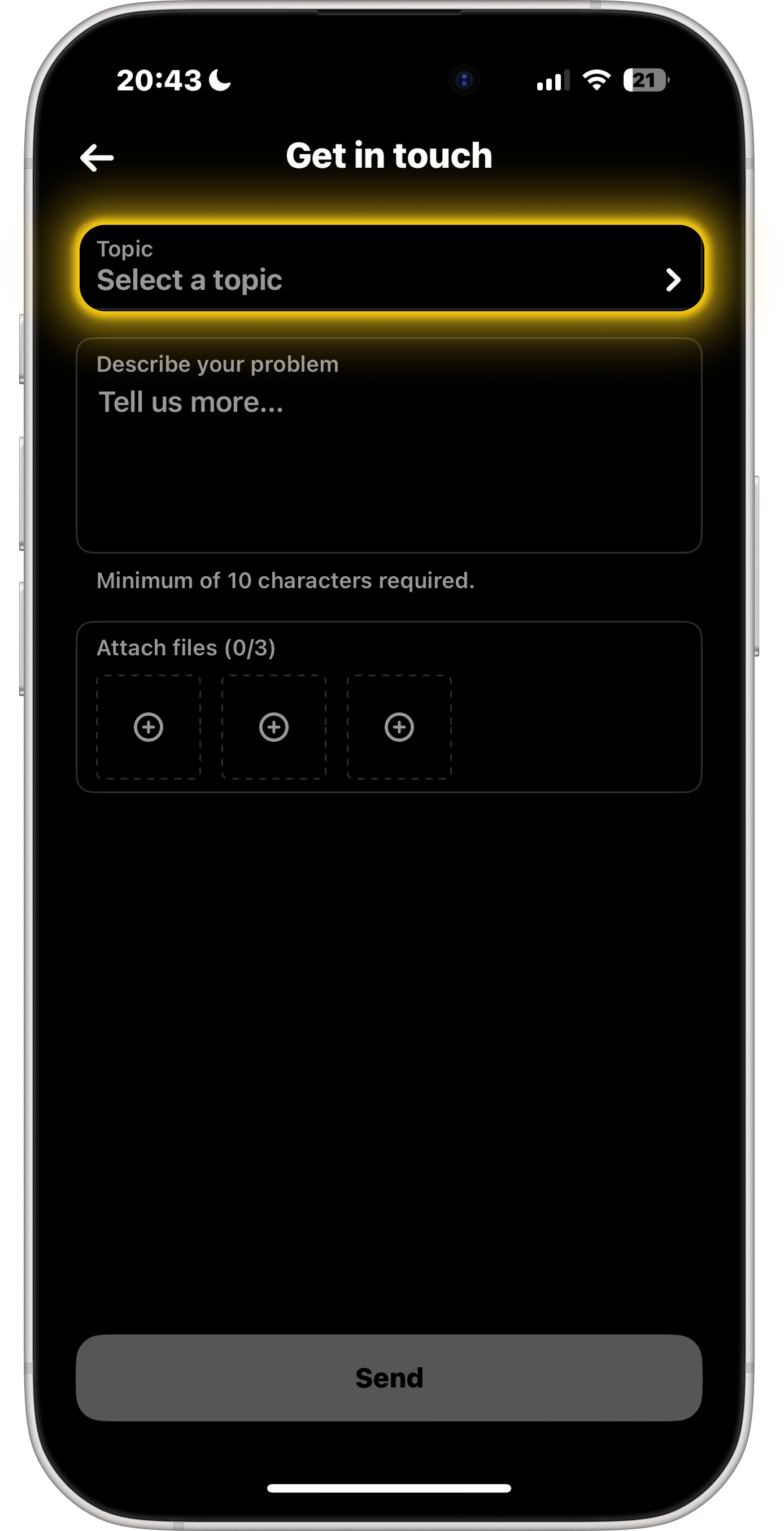 BeReal Ta kontakt-skärm — tryck på Välj ämne